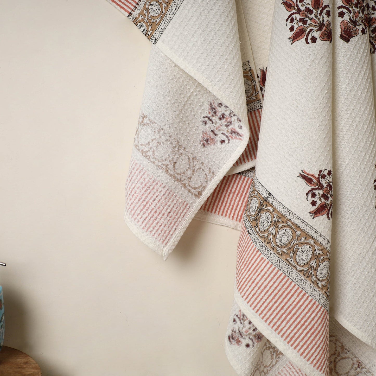 White - Waffle Weave Cotton Sanganeri Print Towel (Set of 3) 06