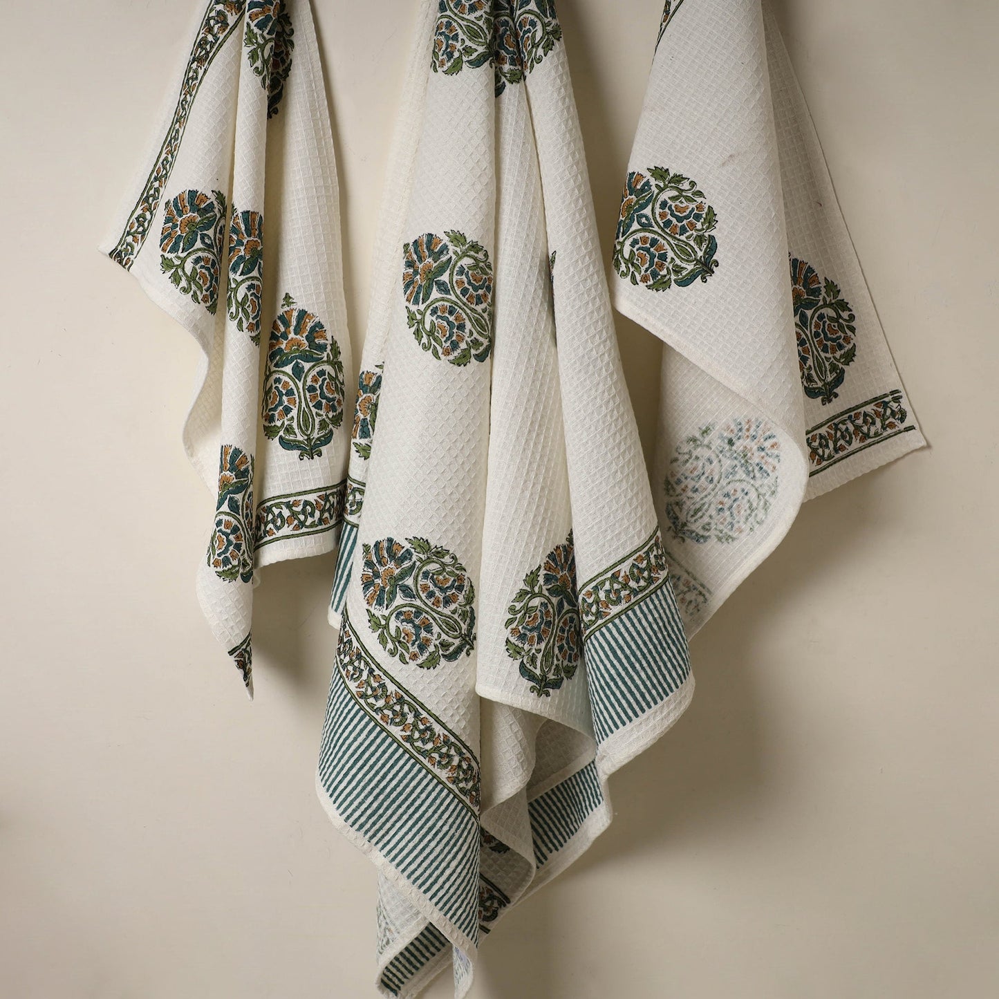 White Waffle Weave Cotton Sanganeri Print Towel (Set of 3)