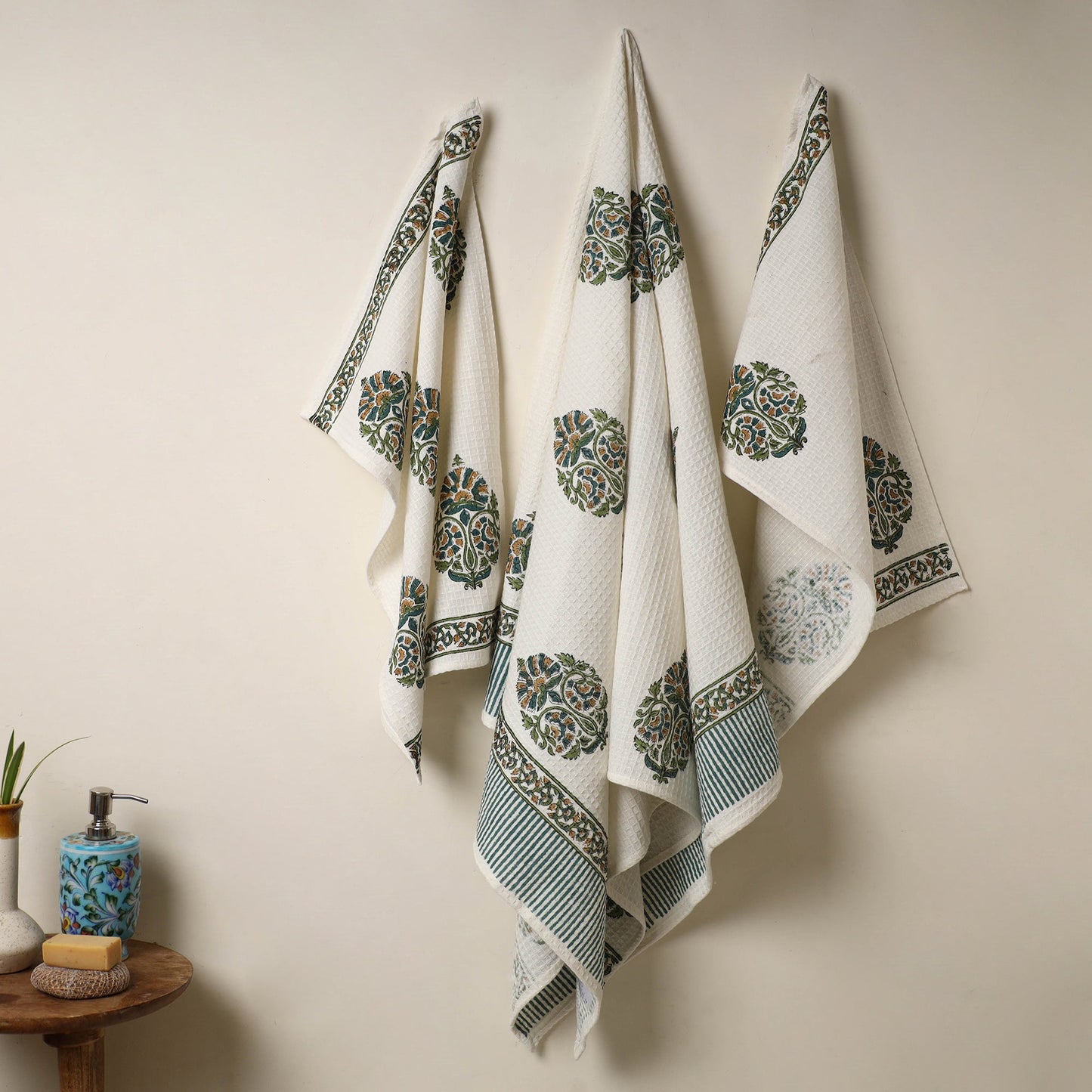 White Waffle Weave Cotton Sanganeri Print Towel (Set of 3)