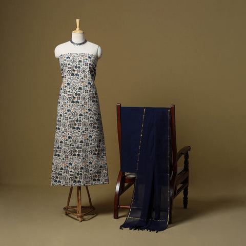 White - warli cotton 3pc unstitched dress material 16