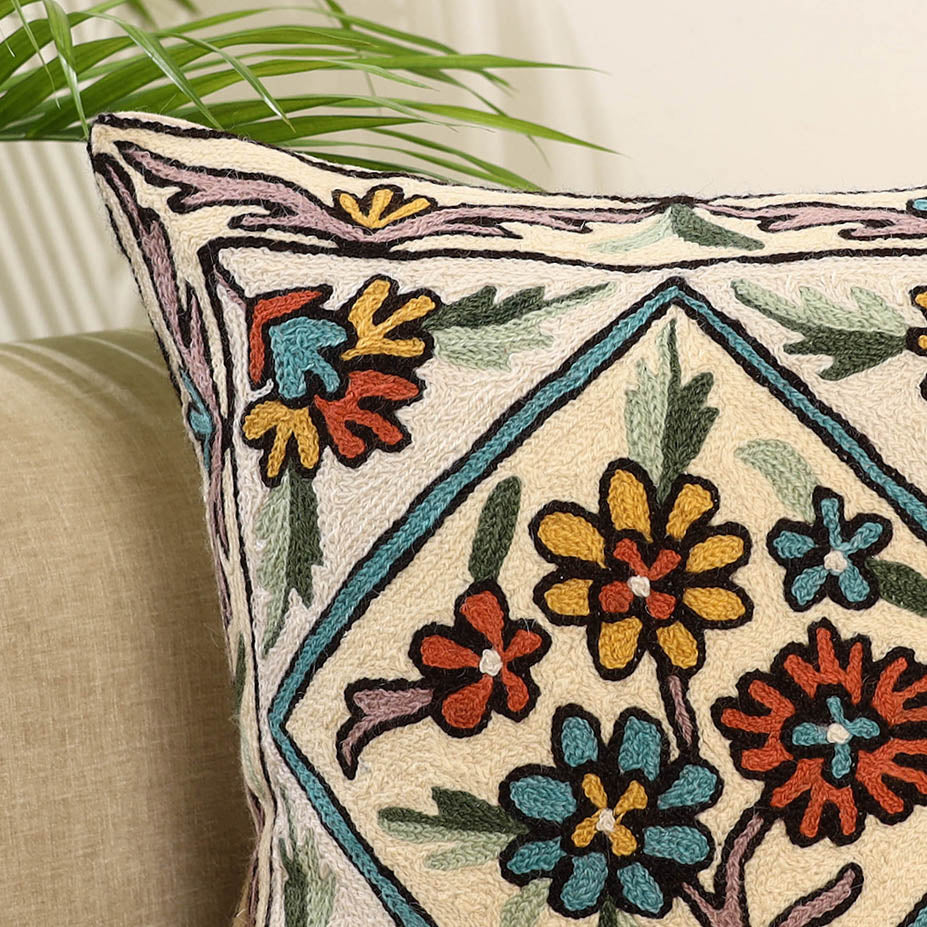 White Wool Thread Crewel Embroidery Cushion Cover
