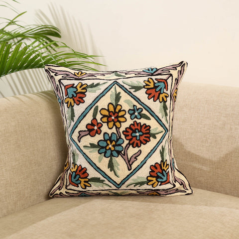 White Wool Thread Crewel Embroidery Cushion Cover