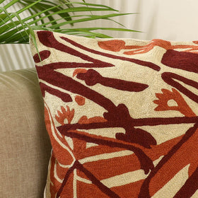 White - wool thread crewel embroidery cushion cover (16 x