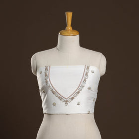 White - zardozi hand embroidery slub silk plain blouse