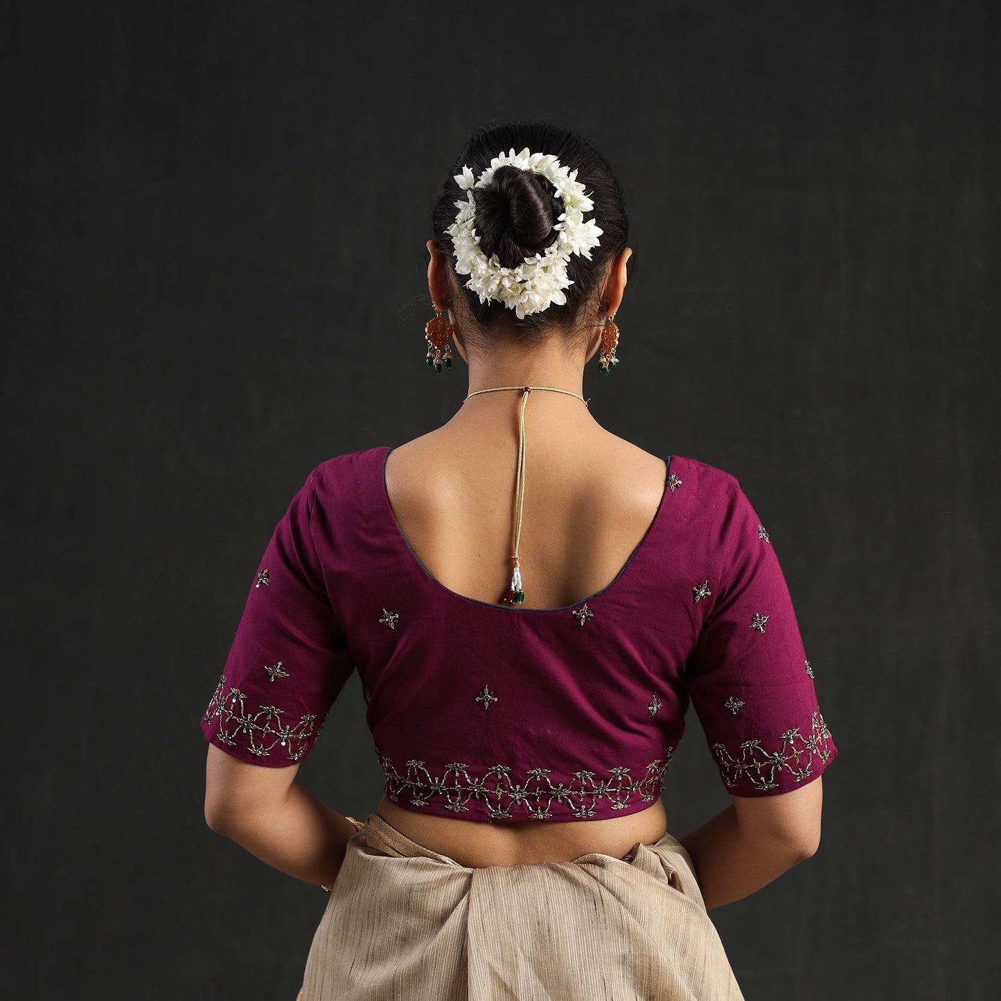 Wine purple - zardozi hand embroidery cotton blouse 03