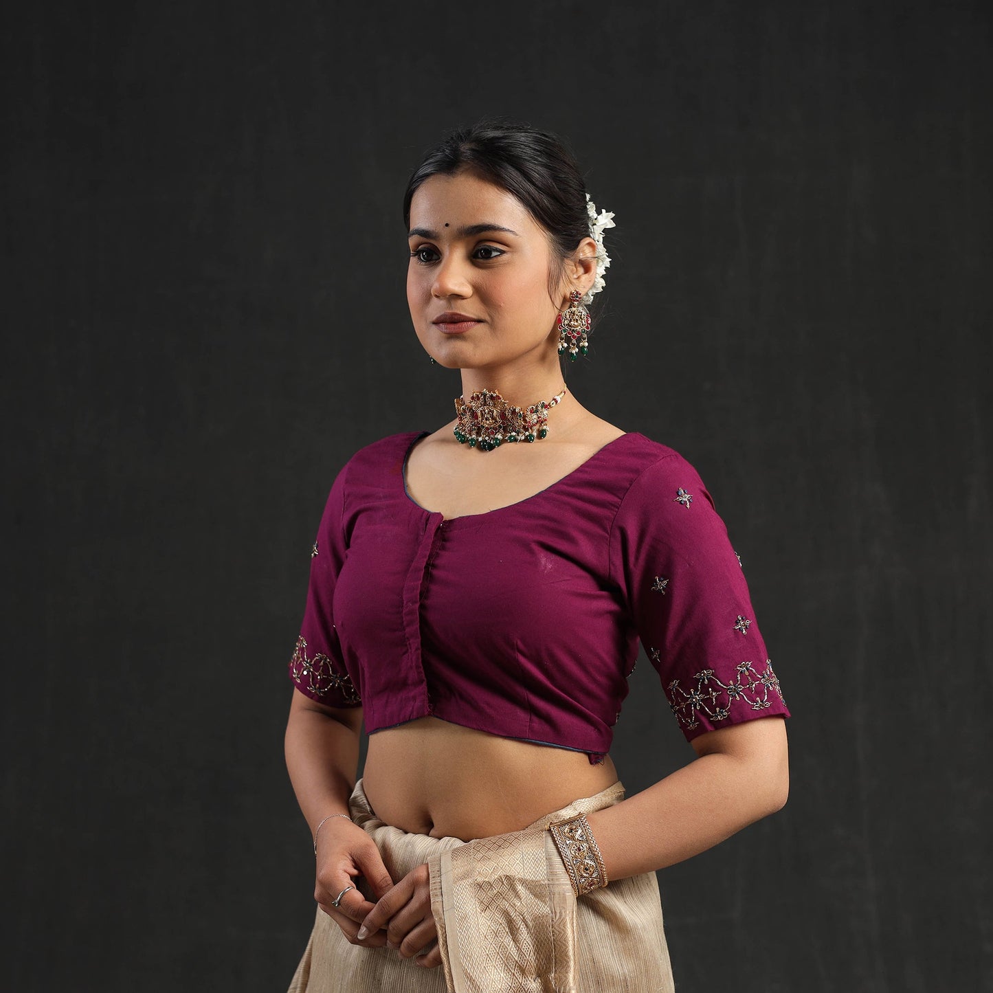 Wine purple - zardozi hand embroidery cotton blouse 03