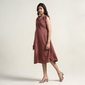 Wine Red - Plain Handloom Cotton Collared Neck Buttoned Down Dress