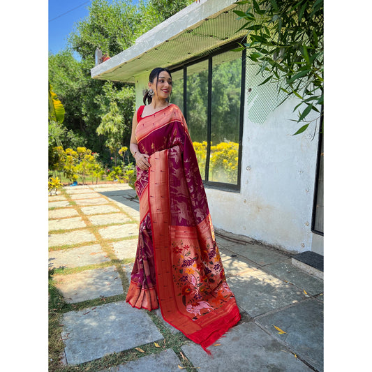 Maroon - Gauri Wine Paithani Silk Handwork Saree