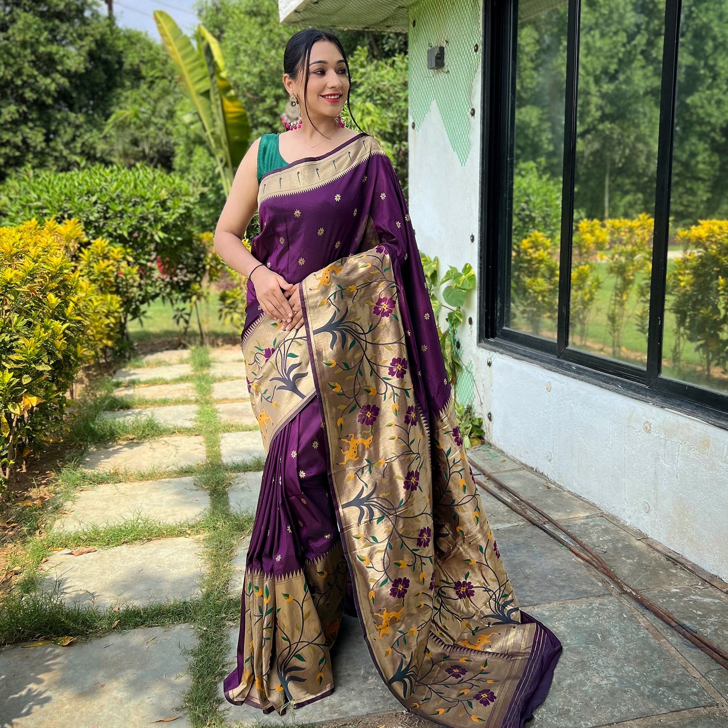 Purple - Gayatri Wine Paithani Silk Handwork Saree