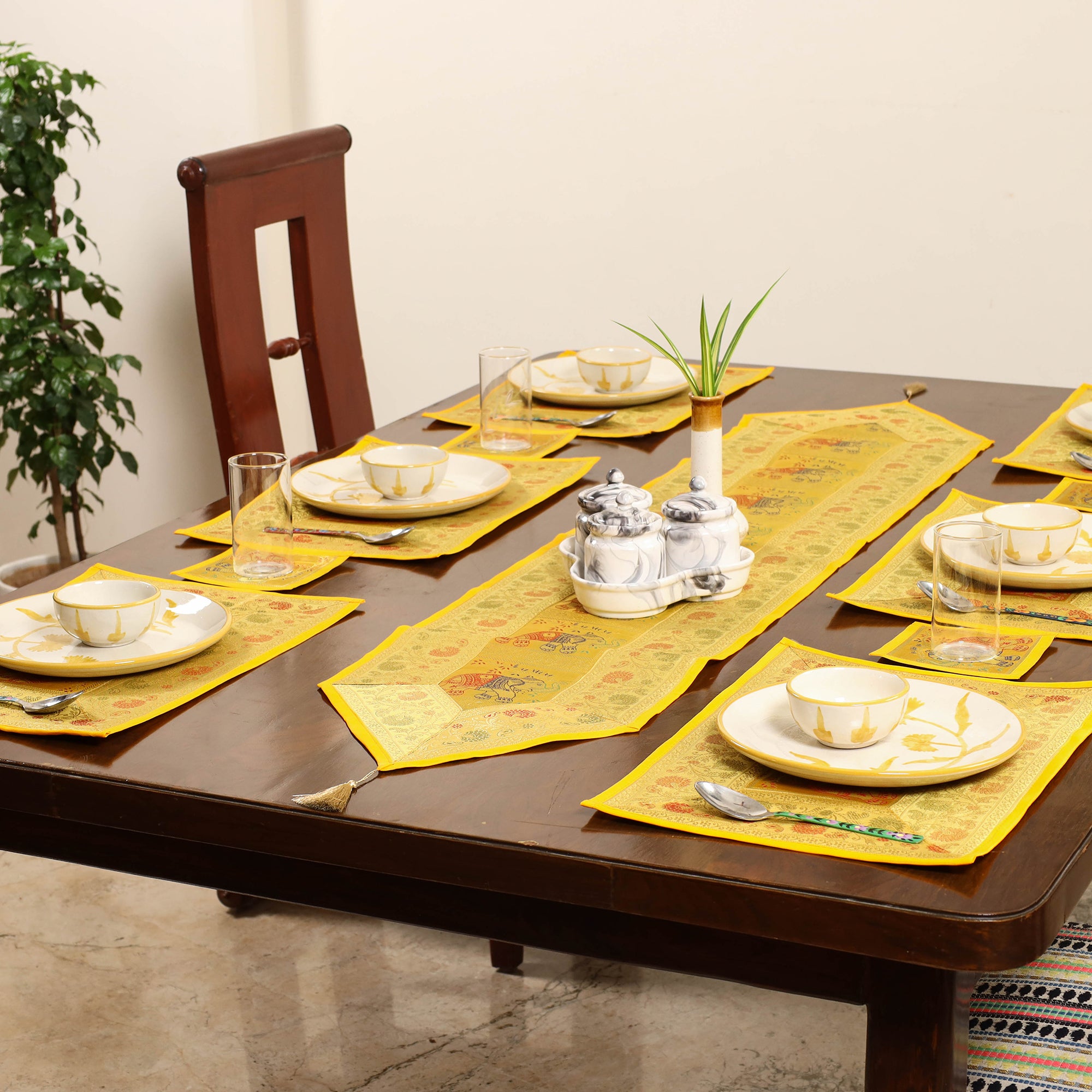 Yellow 13pc Dining Table Linen Set in Brocade Banarasi Silk
