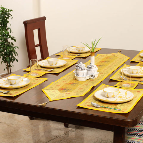 Yellow - 13pc dining table linen set in brocade banarasi