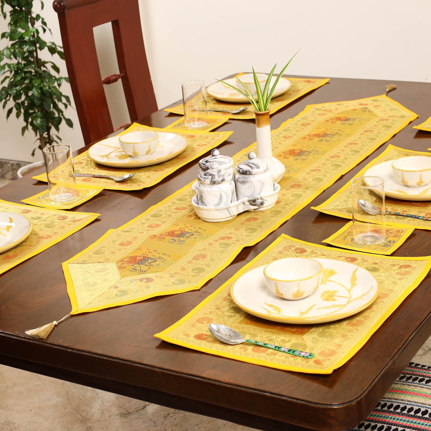 Yellow - 13pc dining table linen set in brocade banarasi