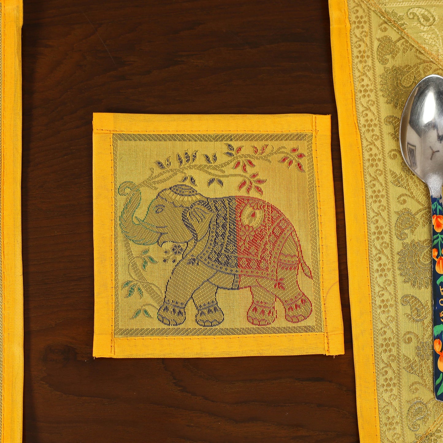 Yellow - 13pc dining table linen set in brocade banarasi