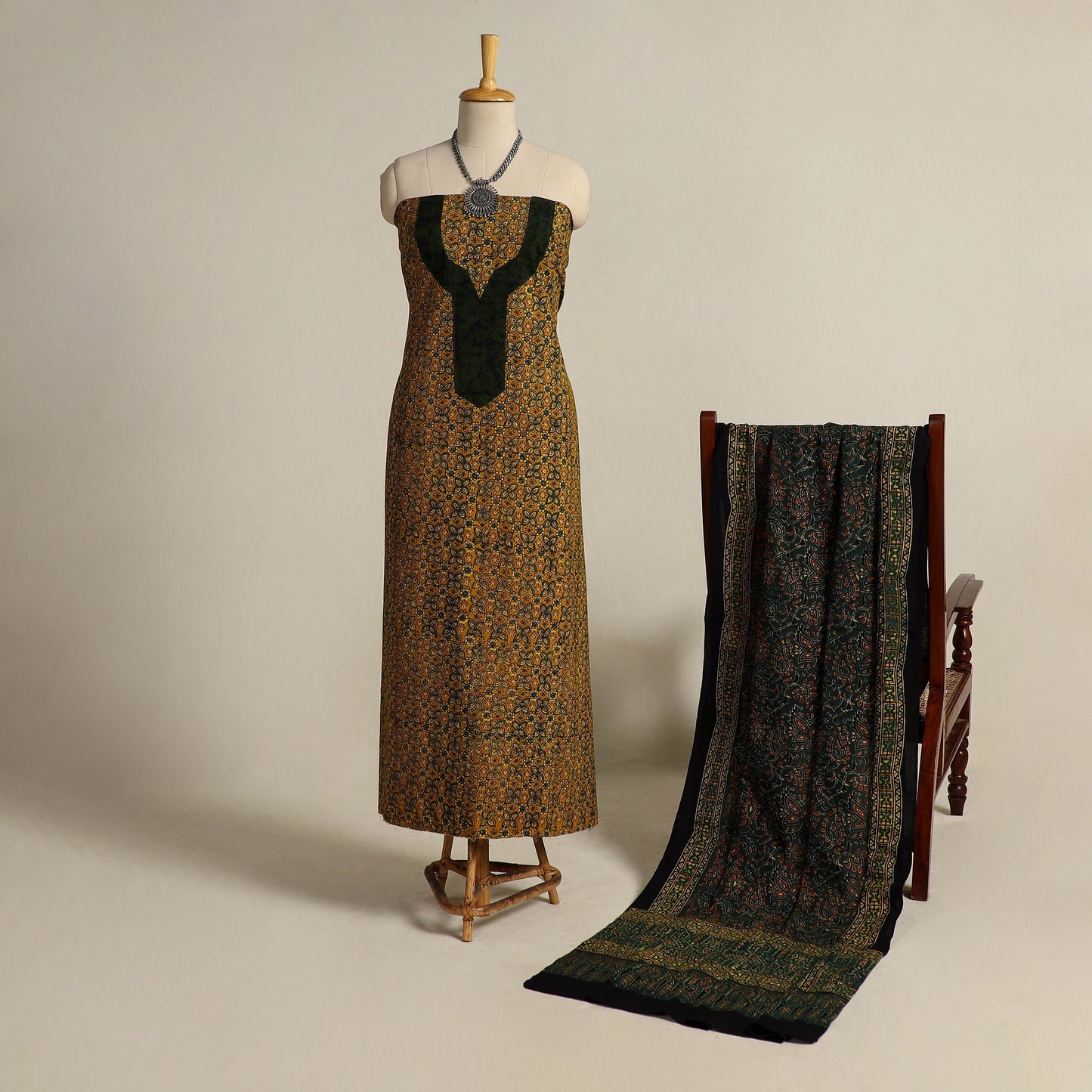 Buy Yellow 2pc Block Print Natural Dyed Ajrakh Dress Material
