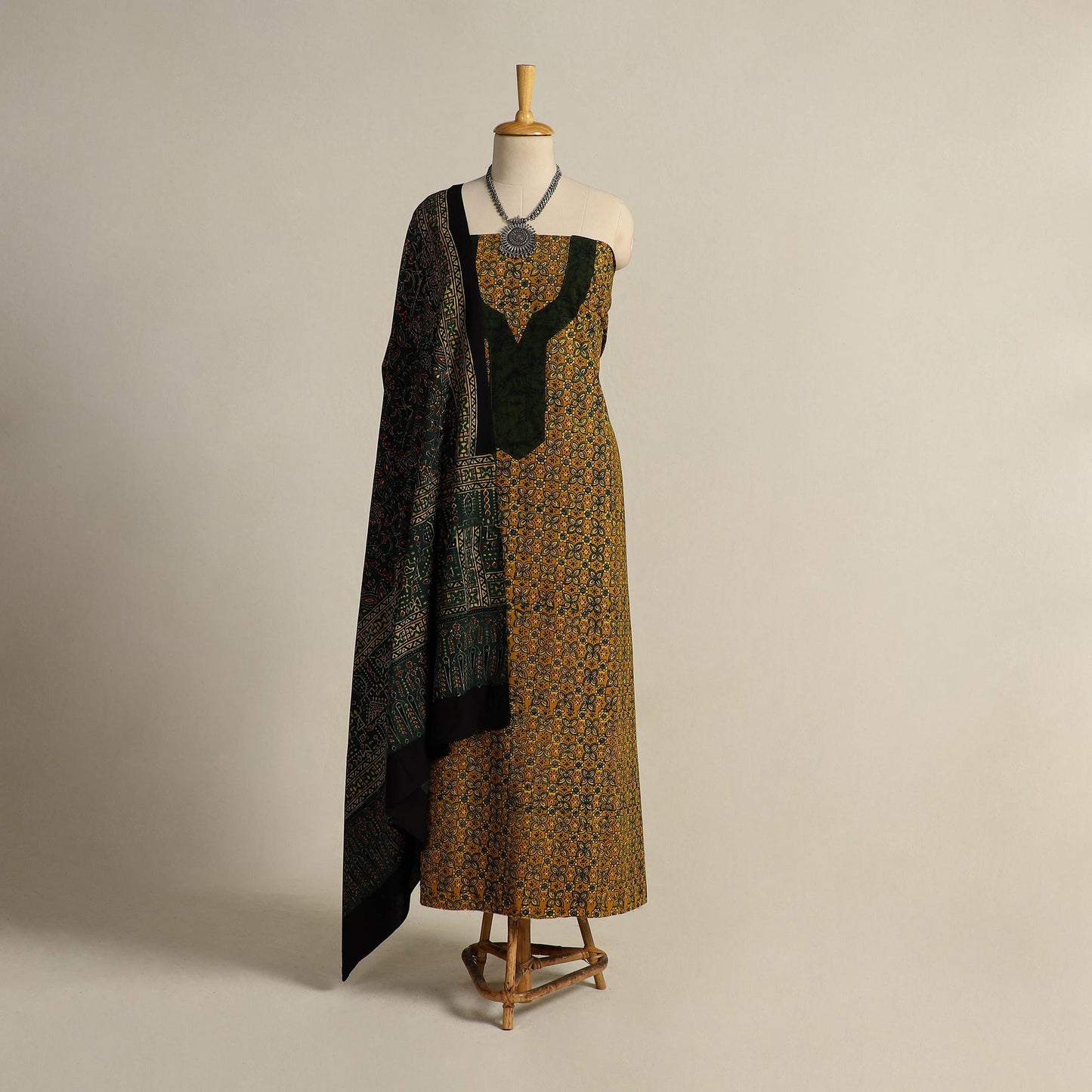 Buy Yellow 2pc Block Print Natural Dyed Ajrakh Dress Material