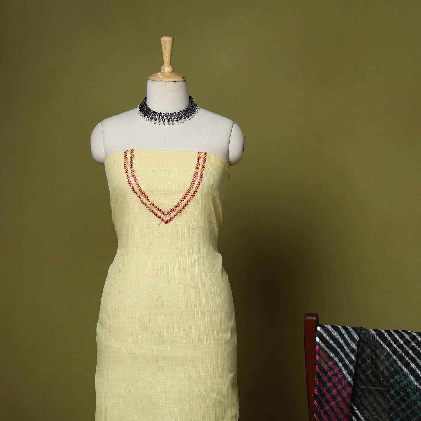 Yellow - 2pc cotton unstitched hand embroidery kota doria