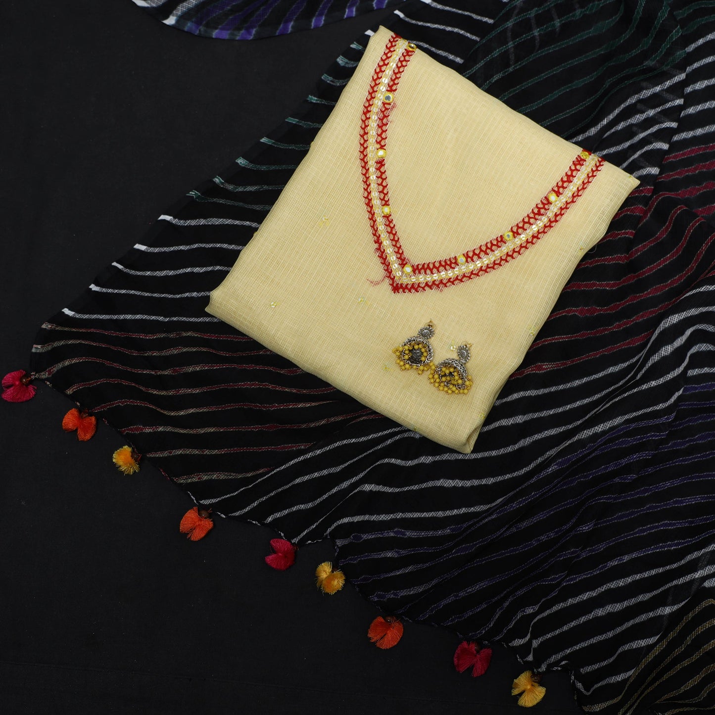 Yellow - 2pc cotton unstitched hand embroidery kota doria