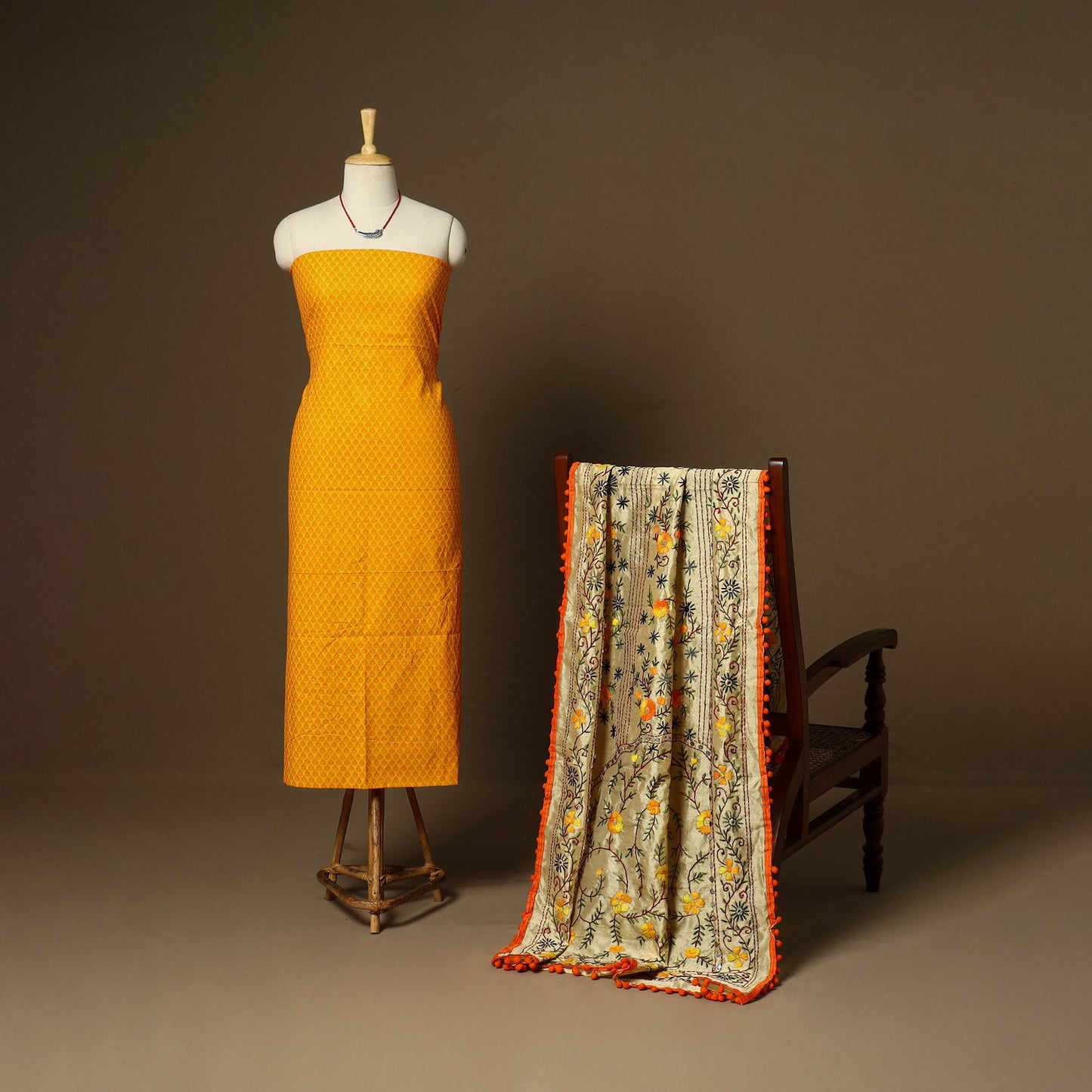 Yellow - 2pc cotton unstitched jacquard dress material