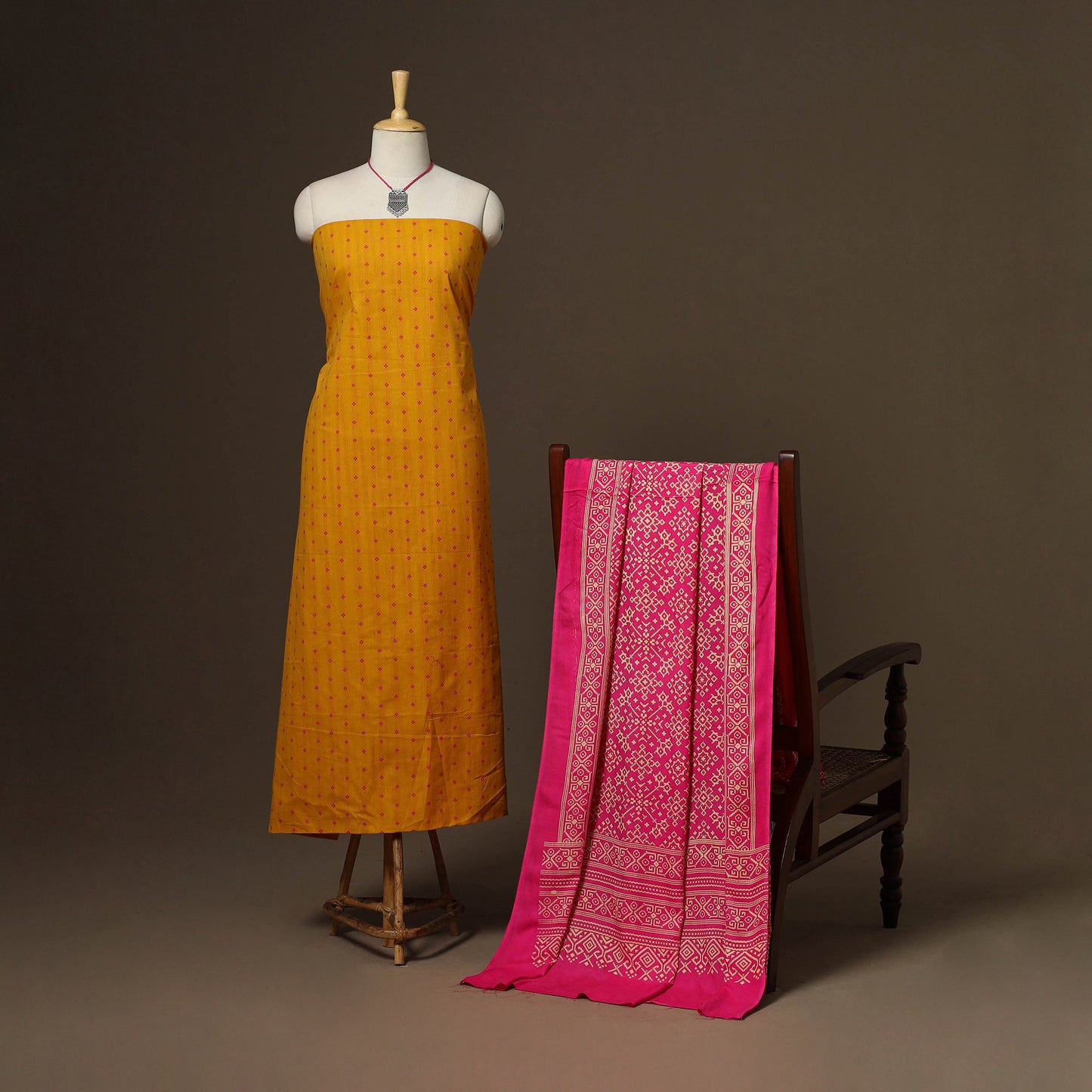 Yellow - 2pc cotton unstitched jacquard dress material
