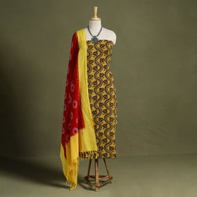 Yellow 2pc Cotton Ajrakh Print Kurta with Ikat Dupatta