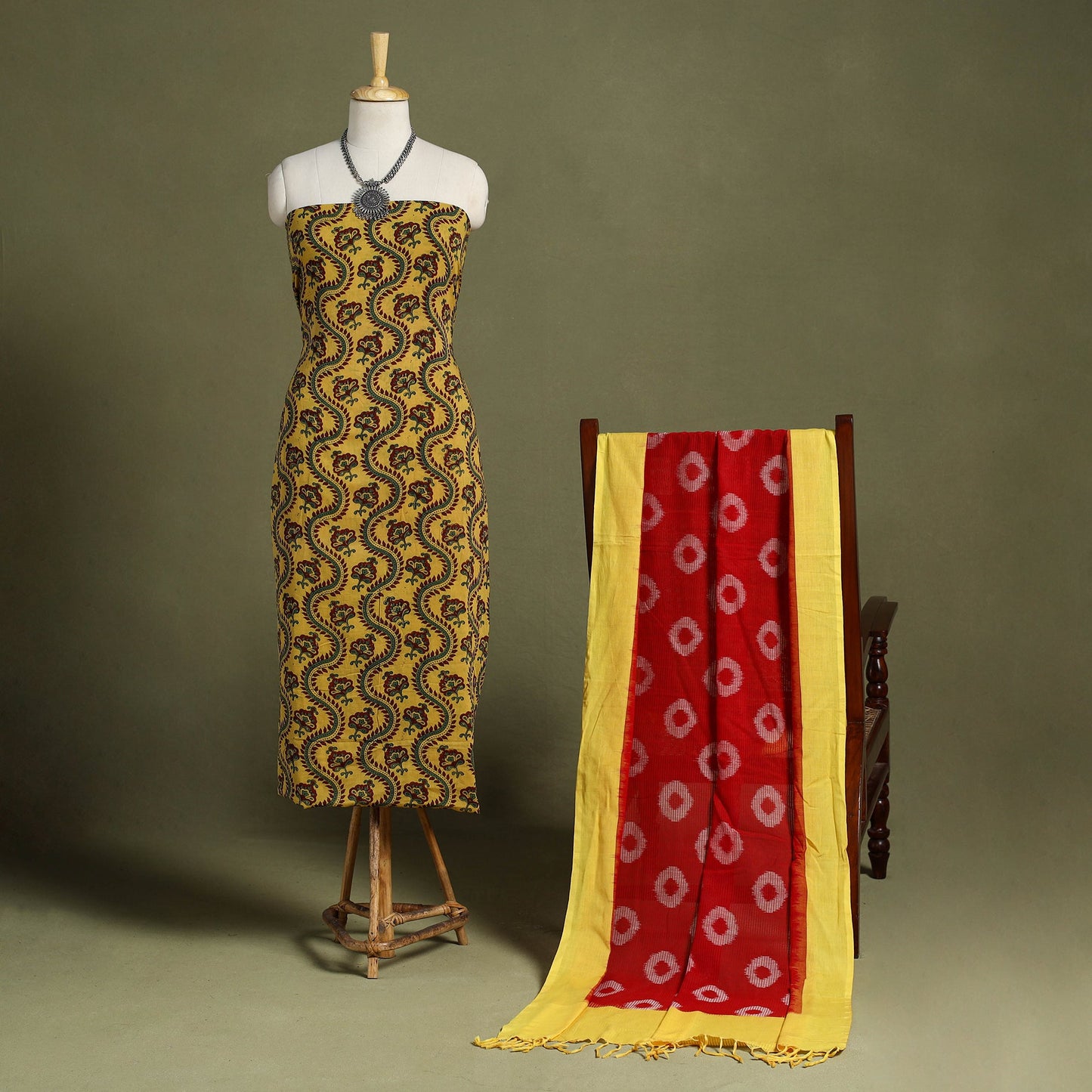 Yellow 2pc Cotton Ajrakh Print Kurta with Ikat Dupatta