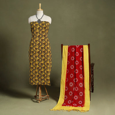 Yellow 2pc Cotton Ajrakh Print Kurta with Ikat Dupatta