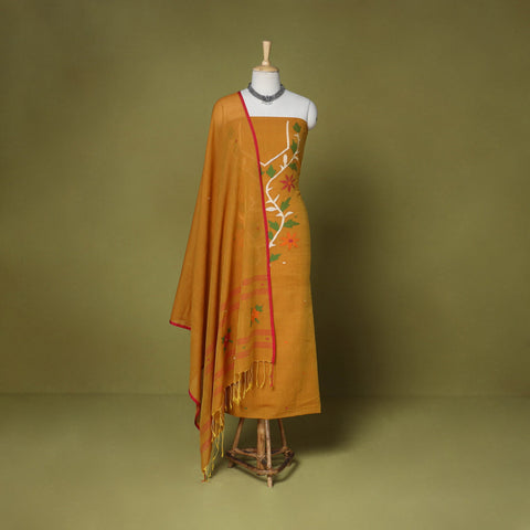 Yellow - 2pc handloom cotton unstitched phulia jamdani