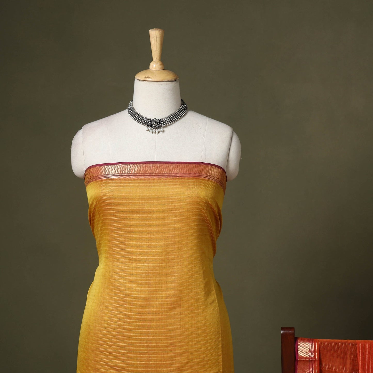 Yellow 2pc Handloom Unstitched Maheshwari Dress Material with Border