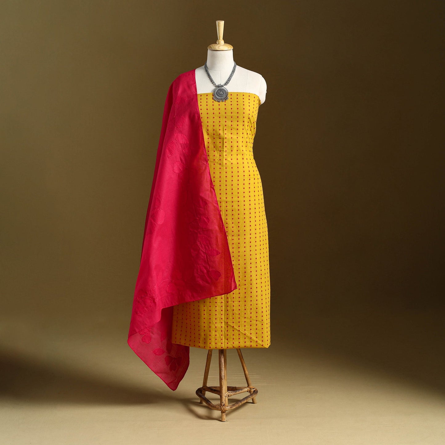 Yellow 2pc Jacquard Cotton Kurta with Applique Dupatta