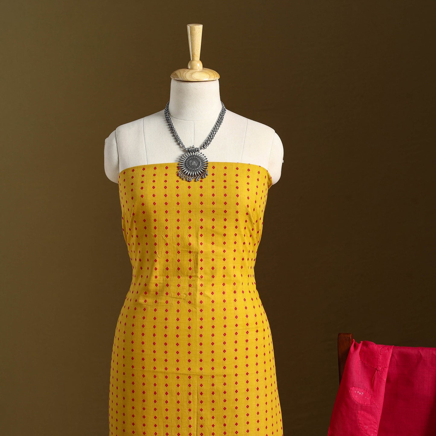 Yellow 2pc Jacquard Cotton Kurta with Applique Dupatta