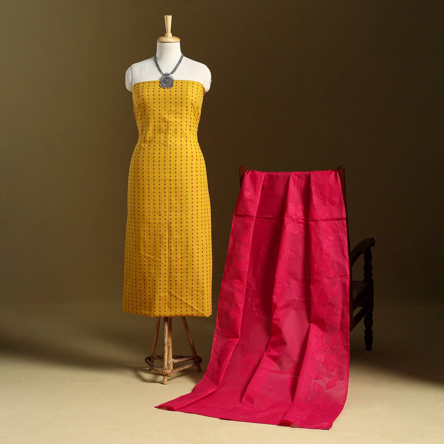 Yellow 2pc Jacquard Cotton Kurta with Applique Dupatta