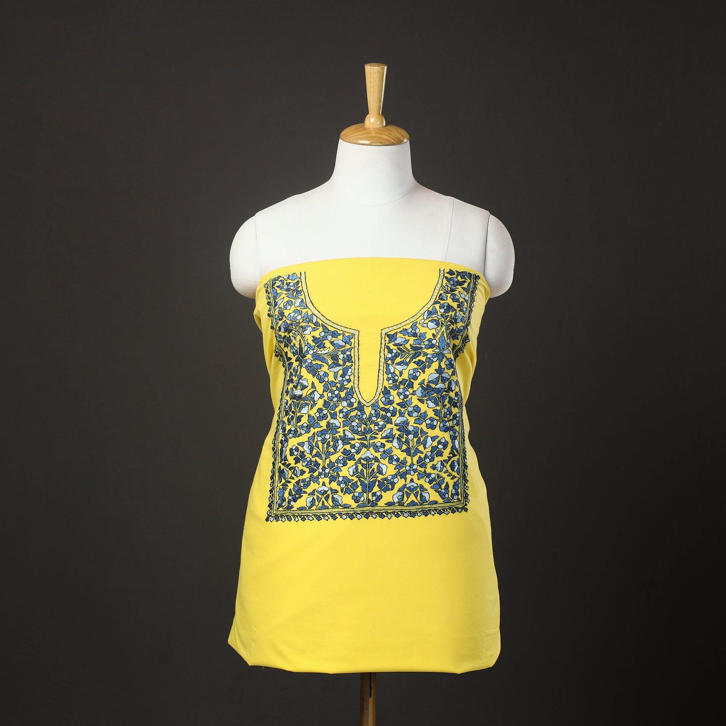  Yellow 2pc Kashida Hand Embroidery Cotton Dress Material