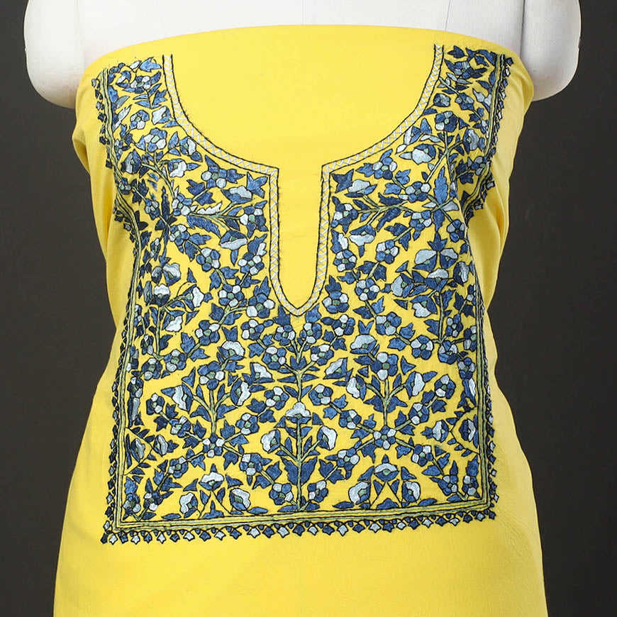  Yellow 2pc Kashida Hand Embroidery Cotton Dress Material