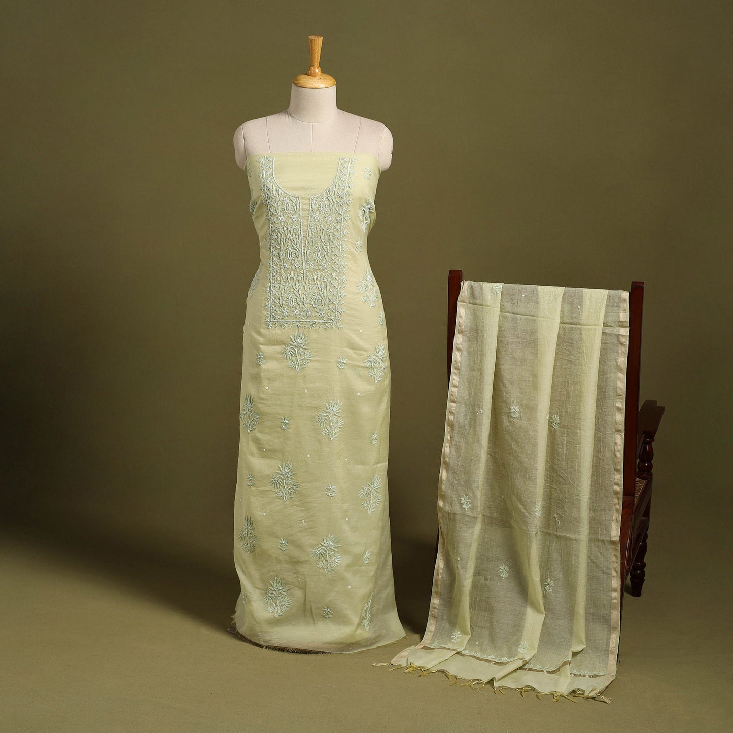  2pc Yellow Mul Chanderi Heavy Chikankari Dress Material