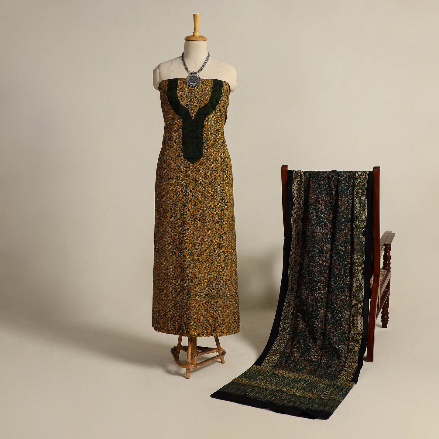 Buy Yellow 2pc Block Print Natural Dyed Ajrakh Dress Material