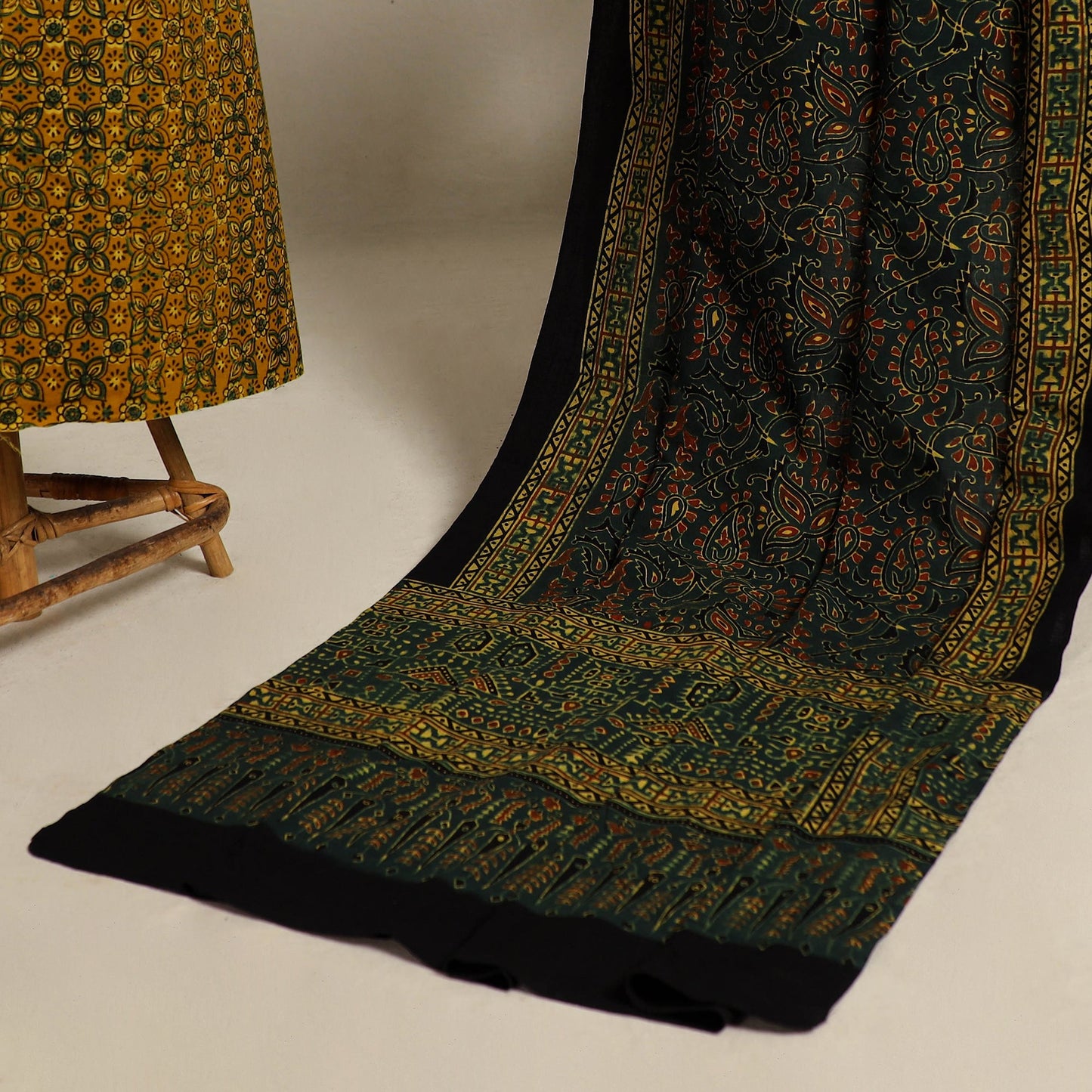 Buy Yellow 2pc Block Print Natural Dyed Ajrakh Dress Material