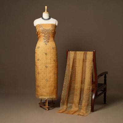 Yellow - 2pc organza silk unstitched mukaish handwork dress