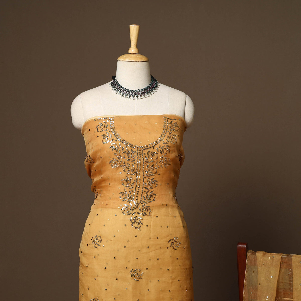 Yellow - 2pc organza silk unstitched mukaish handwork dress