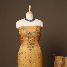 Yellow - 2pc organza silk unstitched mukaish handwork dress
