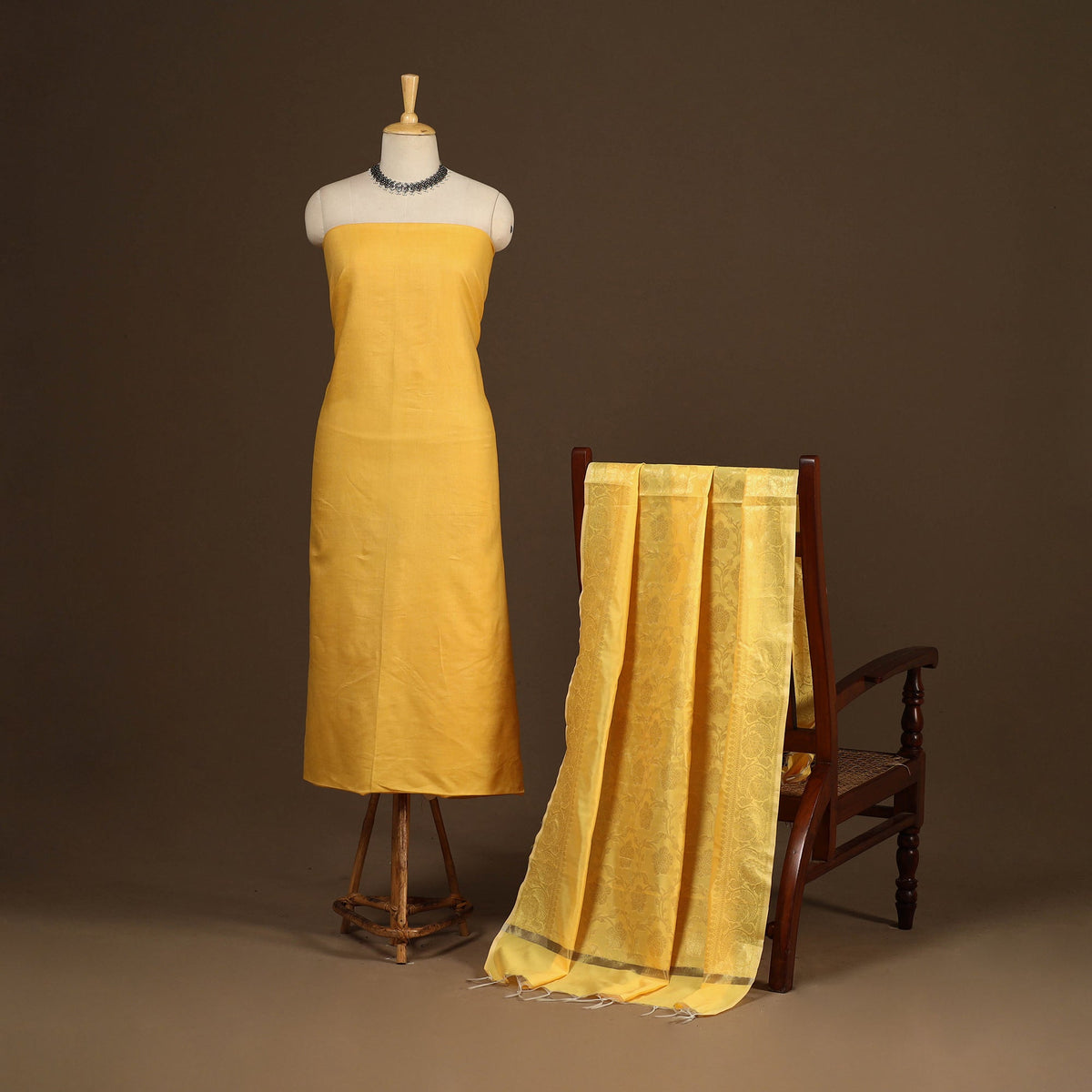 Yellow - 2pc slub silk unstitched plain dress material