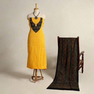  yellow 2pc Tie-Dye Cotton Bandhani Kurta with Ajrakh Dupatta