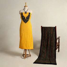  yellow 2pc Tie-Dye Cotton Bandhani Kurta with Ajrakh Dupatta