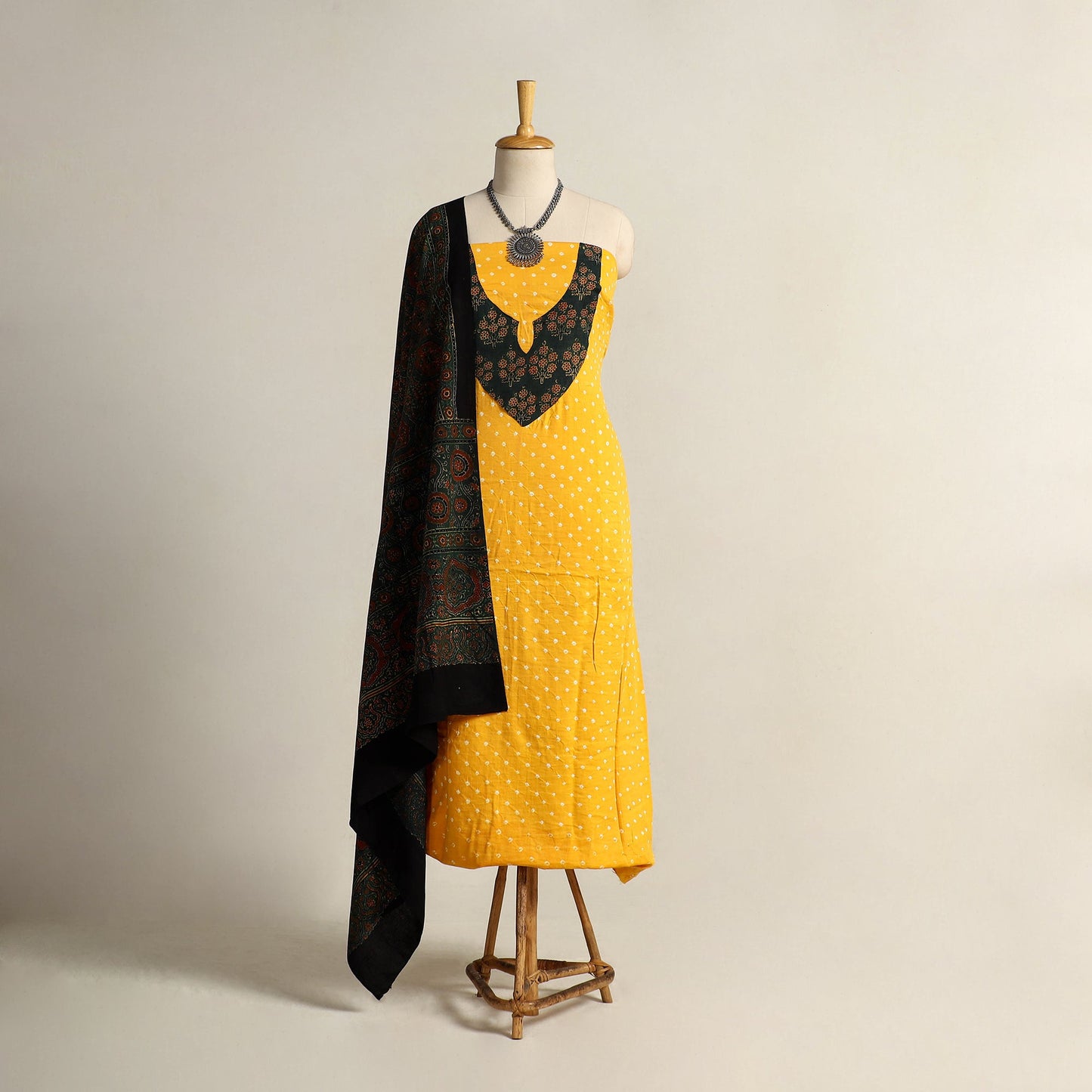  yellow 2pc Tie-Dye Cotton Bandhani Kurta with Ajrakh Dupatta