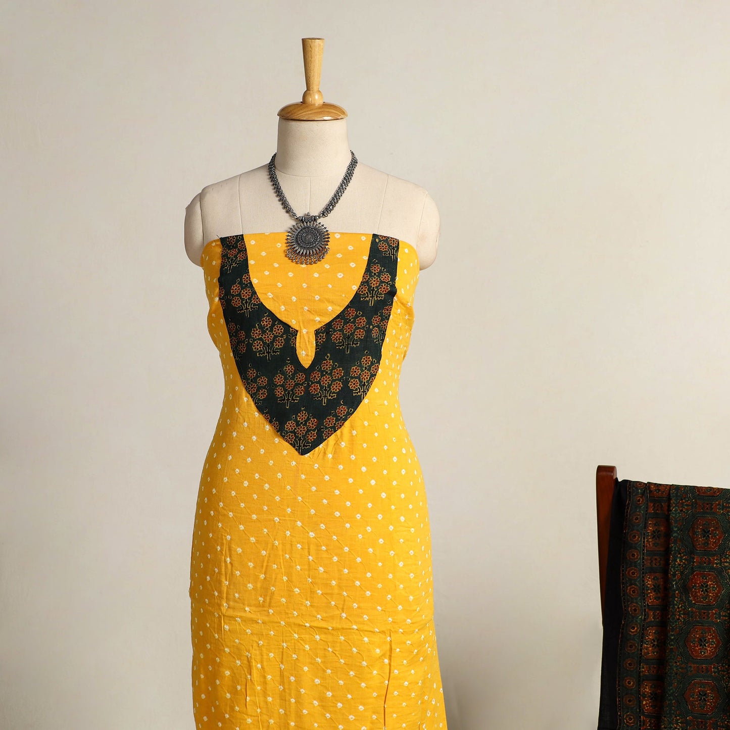  yellow 2pc Tie-Dye Cotton Bandhani Kurta with Ajrakh Dupatta