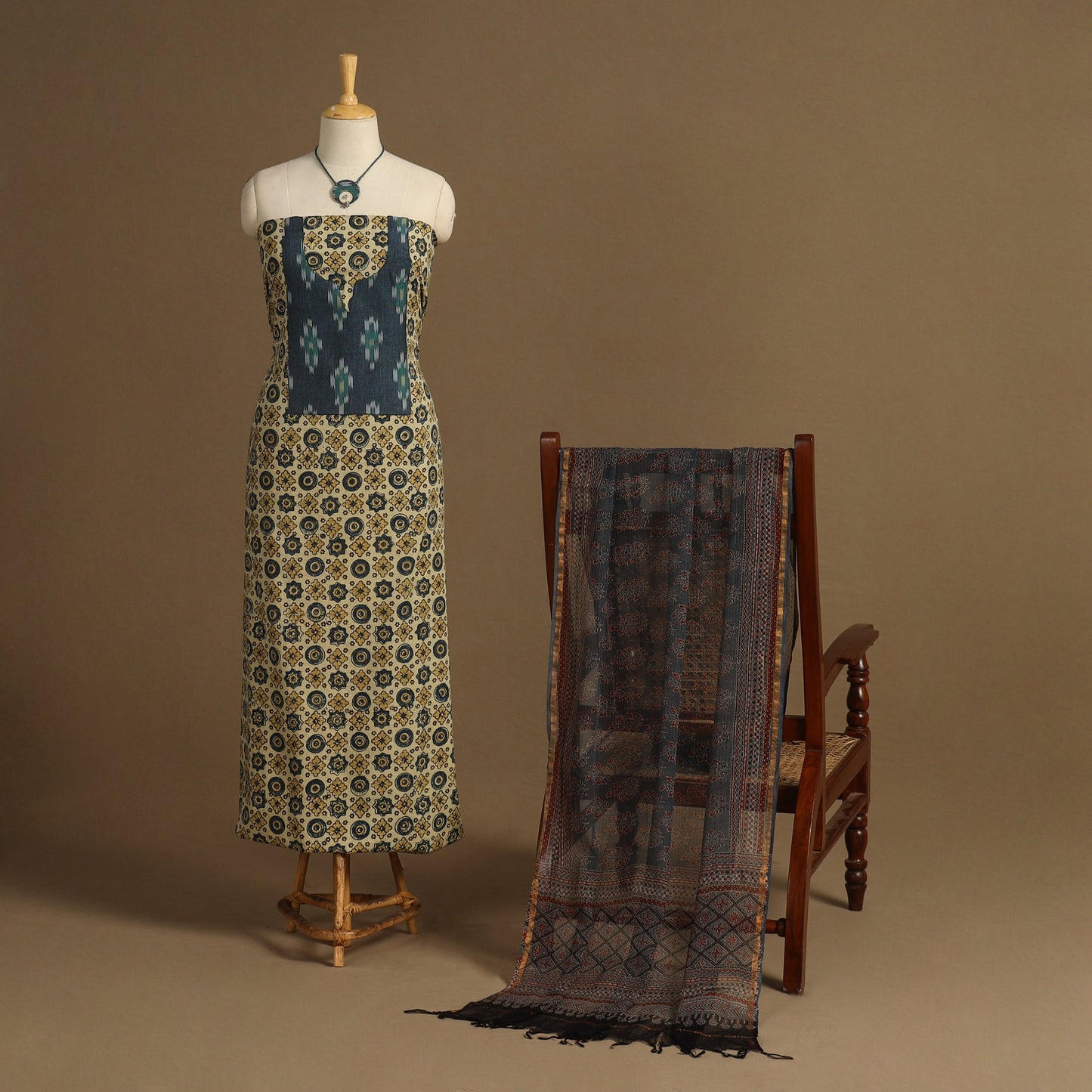 Yellow - 2pc unstitched dress material with jewellery set