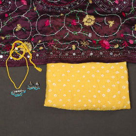 Yellow 2pc Unstitched Bandhani Dress Material with Jewellery Set