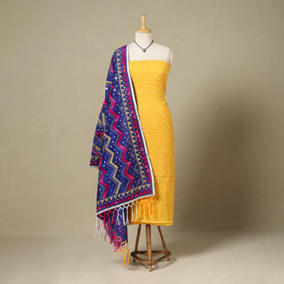 Yellow 2pc Unstitched Bandhani Dress Material with Jewellery Set