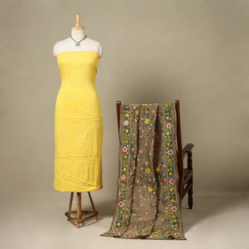 Yellow 2pc Unstitched Bandhani Dress Material with Jewellery Set