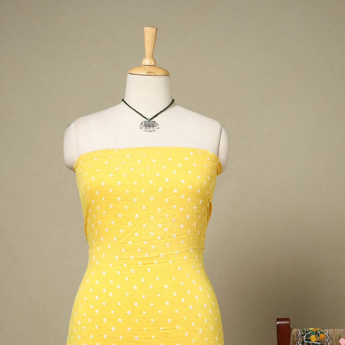 Yellow 2pc Unstitched Bandhani Dress Material with Jewellery Set