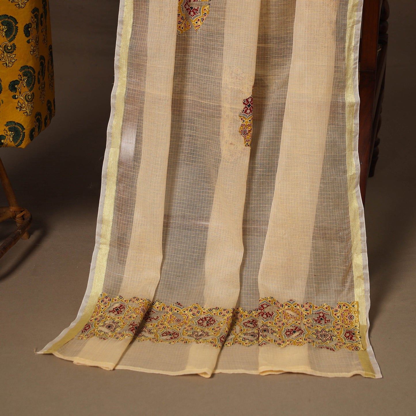 Yellow - 2pc unstitched dress material with jewellery set